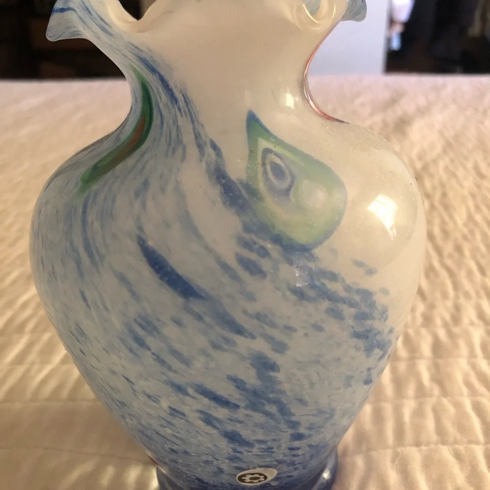 Murano White and Light Blue Swirl Art Glass Vase Italy